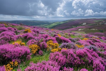 Obraz premium Stunning Purple Heather Landscape With Clouds