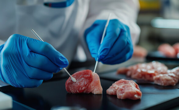 Scientist in a lab inspecting a raw meat sample with a swab for testing.
