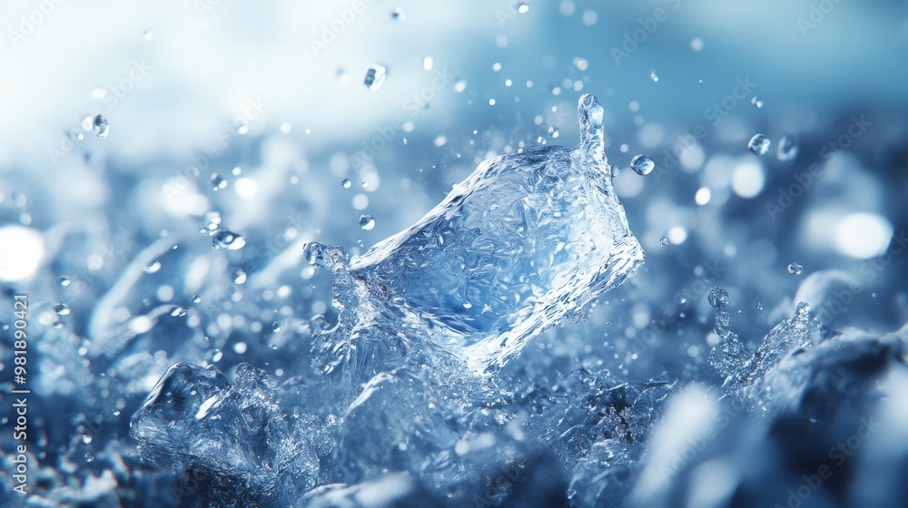 Poster ice cube splashing in water with droplets