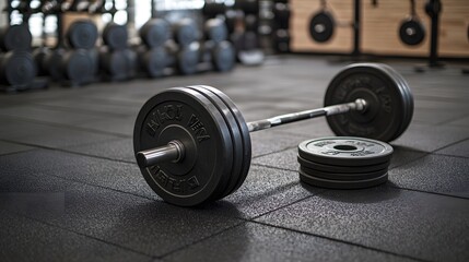 Weightlifting equipment, including barbells and plates, neatly arranged on a gym floor