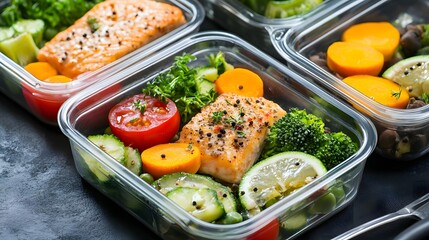 Healthy meal prep containers filled with fresh vegetables and lean protein