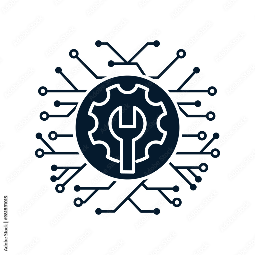 Poster microcircuit, wrench, gear. electronic technical analysis, control, settings.vector linear icon isol