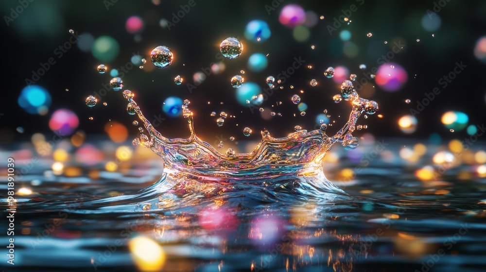 Poster water droplet splashing in a pool of light and color