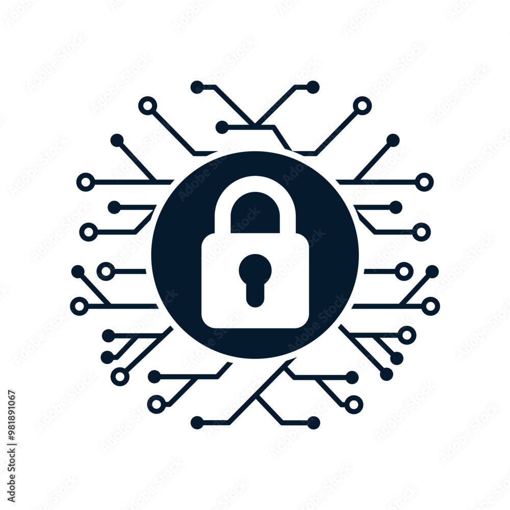 Poster lock and microcircuit. cybersecurity concept. vector icon isolated on white background.