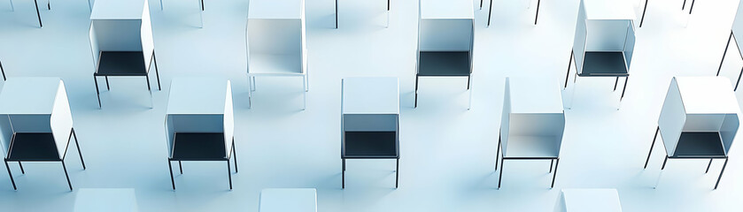 Constellation of Voting Booths: Medium Shot of Interconnected Votes in a Floating Arrangement Against White Background - Photo Stock Concept