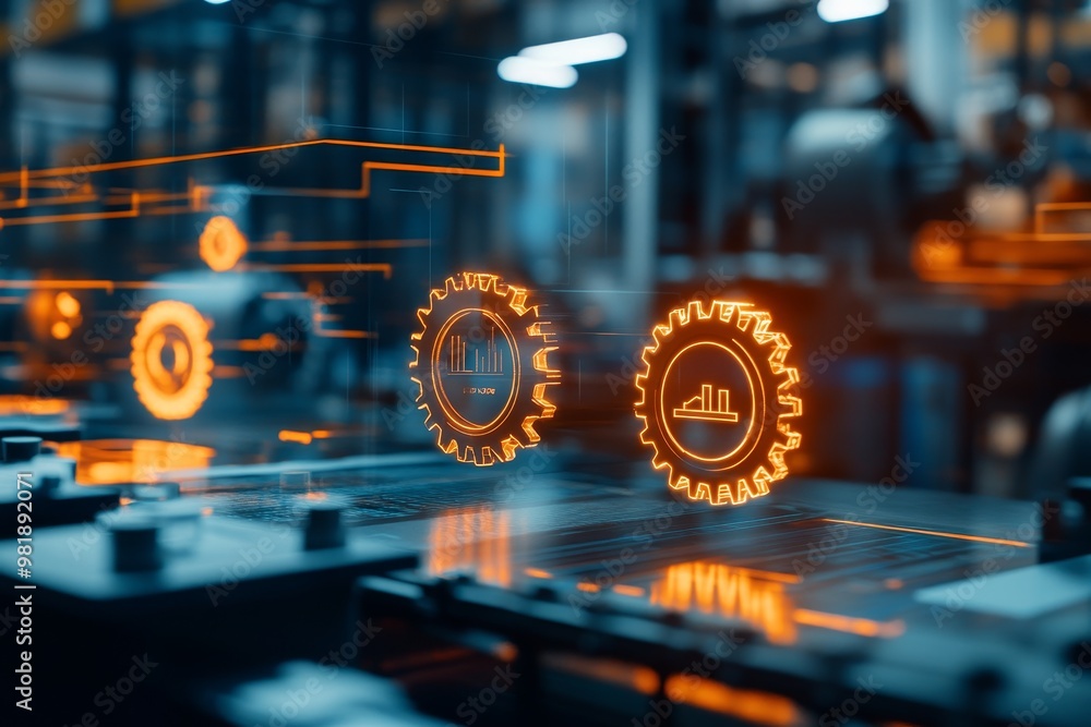 Aufkleber two glowing gears with data icons in a factory setting.