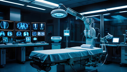 Medical operating room futuristic robotic surgery masked surgeons, high-tech monitors sterile environment