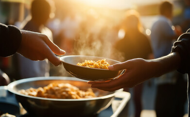 Hands passing a bowl of hot food during a community meal service.