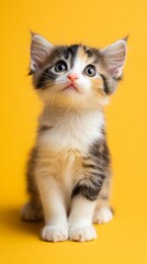 Curious Kitten on Yellow: An adorable tricolor kitten sits against a vibrant yellow background, gazing upward with wide, curious eyes.