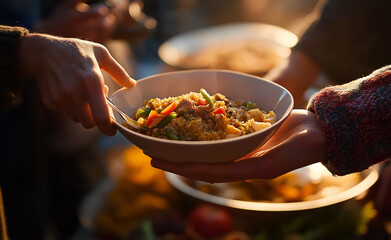 Hands passing a bowl of hot food during a community meal service.