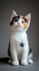 Curious Kitten: A captivating portrait of a tri-colored kitten with captivating green eyes, perched against a minimalist grey backdrop.