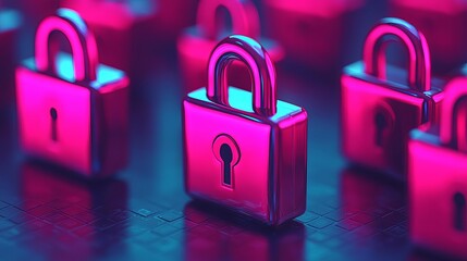 Vibrant glowing locks symbolizing security, protection, and privacy in a digital landscape. Ideal for tech and safety themes.