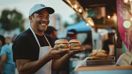 Smiling food vendor holding two burgers at a food stall.