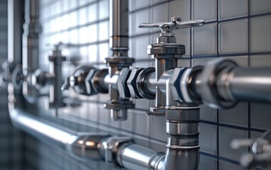 Close-up of shiny stainless steel water pipes on ceramic wall. water pipe on bathroom
