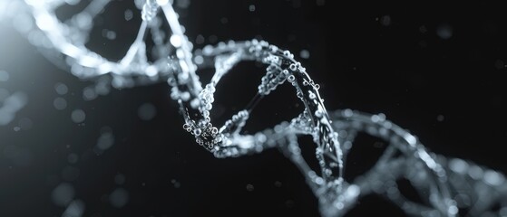 Abstract DNA Helix, intricate 3D polygonal structure representing a DNA molecule, set against a dark background, evoking themes of science and genetics.