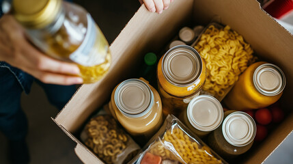 Hands placing apples and a canned drink into a cardboard food donation box.
