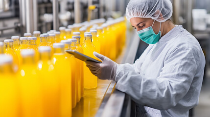 Worker in protective gear inspecting bottled drinks in a beverage production line.