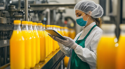 Worker in protective gear inspecting bottled drinks in a beverage production line.