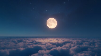 The full moon in the sky above the clouds is surrounded by a halo of light and in the sky, Generative AI