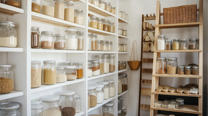 Organized pantry shelves filled with jars of dry goods in a well-lit room.