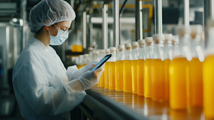 Worker in protective gear inspecting bottled drinks in a beverage production line.