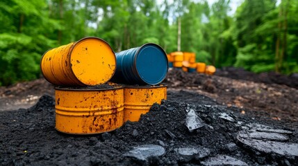 Fototapeta premium Bright yellow and blue oil barrels sitting on black soil in a natural outdoor setting.