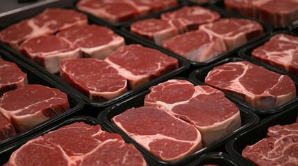 Raw steaks neatly arranged in trays, ready for sale in a butcher shop or supermarket.