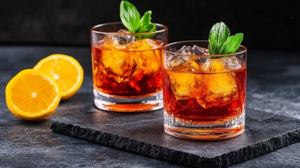Two glasses of orange cocktails with ice and mint, garnished with lemon slices.