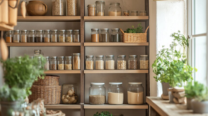 A well-organized kitchen shelf with glass jars of grains, pasta, and plants by a window.