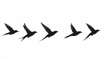 Silhouettes of five birds flying in a row.