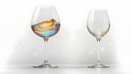 Fototapeta premium Two wine glasses with swirling liquid and golden sparkles. One glass showcases vibrant rainbow-like waves and other has delicate golden particles. Magical, elegant scene perfect for celebration themes