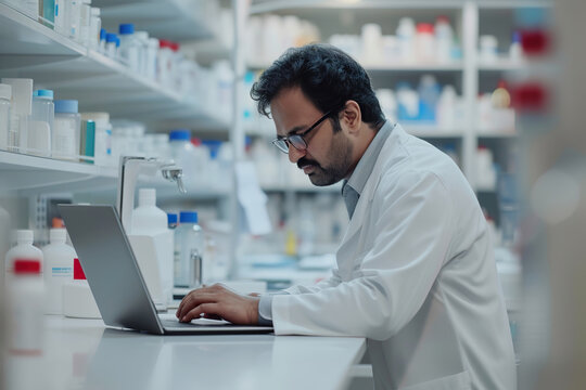 scientist in lab coat working on laptop surrounded by laboratory equipment and chemicals - Powered by Adobe