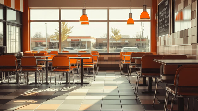 An empty retro-style fast food restaurant with orange chairs and large windows.