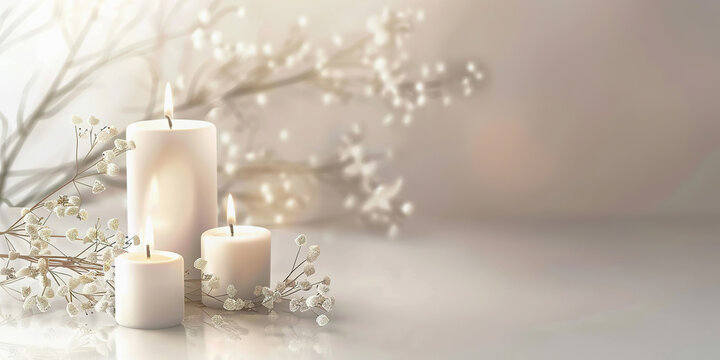 Elegant funeral invitation background with candles, floral accents and copy space