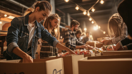 Volunteers sorting canned goods into boxes at a community food bank.