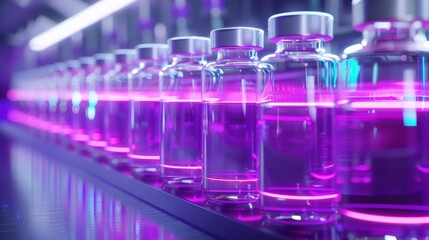 Glowing Purple Liquid Bottles in Futuristic Laboratory, a row of vibrant purple liquids housed in sleek containers, illuminated by neon lights in a high-tech research environment