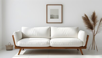 Elegant white sofa with wooden legs set against a minimalist backdrop, ideal for highlighting home decor and artistic displays