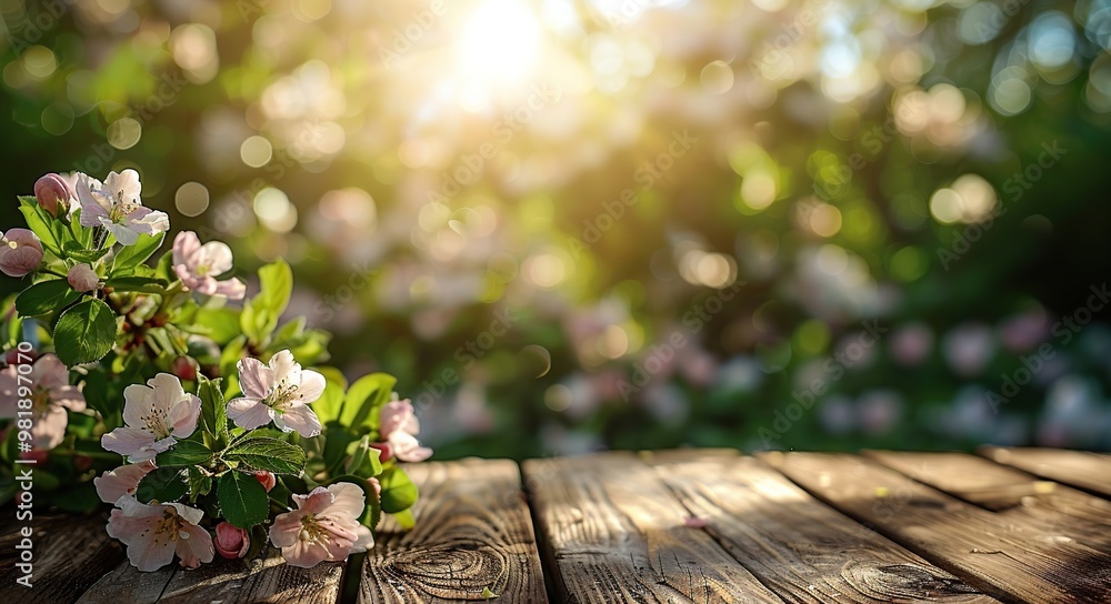 Sticker pink blossoms on a wooden table with a blurred garden background