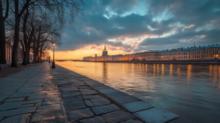 Neva river and Ribatskoe district in St. Petersburg at night