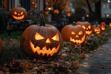 Obraz premium Jack-O-Lanterns Outside House on Halloween Background, Haunted Pumpkins Spooky October Wallpaper, Fun Seasonal Backdrop