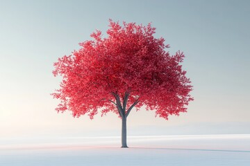 A single pink tree stands tall in a field of white, against a clear blue sky.