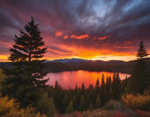 Obraz premium Sunset over mountain lake