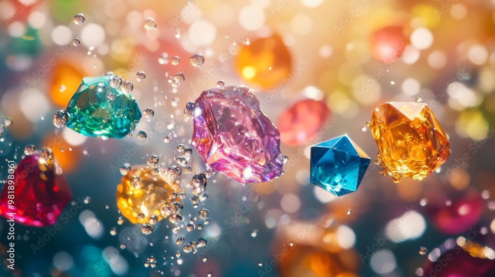 Poster colorful gems floating in water with bokeh background