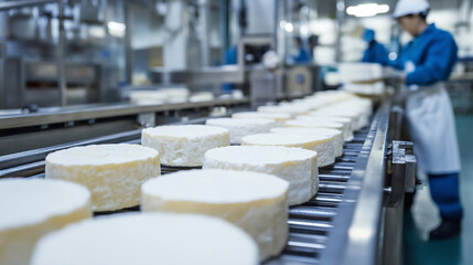 Obraz premium Cheese wheels moving along a conveyor belt in a dairy factory with workers in the background.