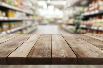 Wooden table top with a blurred supermarket aisle in the background.