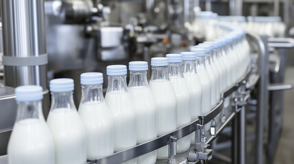 Fototapeta premium Glass bottles filled with milk on a conveyor belt in a modern factory. 