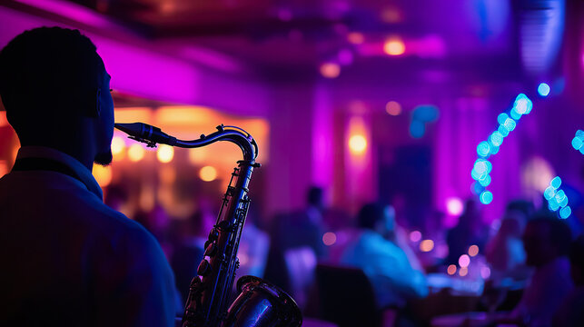 Saxophonist performing at jazz lounge with elegant audience and vibrant lighting