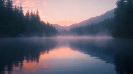 Obraz premium Foggy Sunrise Over a Still Lake in a Pine Forest