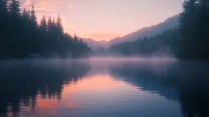 Tableau sur aluminium  Foggy Sunrise Over a Still Lake in a Pine Forest  © addymawy