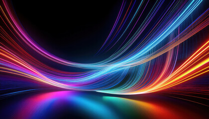 Wave of colorful light line trails of blue, red, green, purple and orange in pitch black background for technology, futuristic, abstract concept